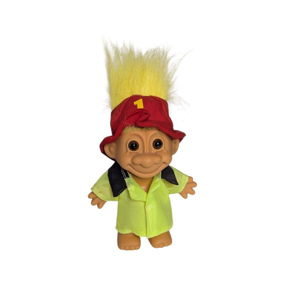 Vintage 90s Russ Fireman Troll Doll Yellow Hair Red Firefighter Hat Nostalgic 5"